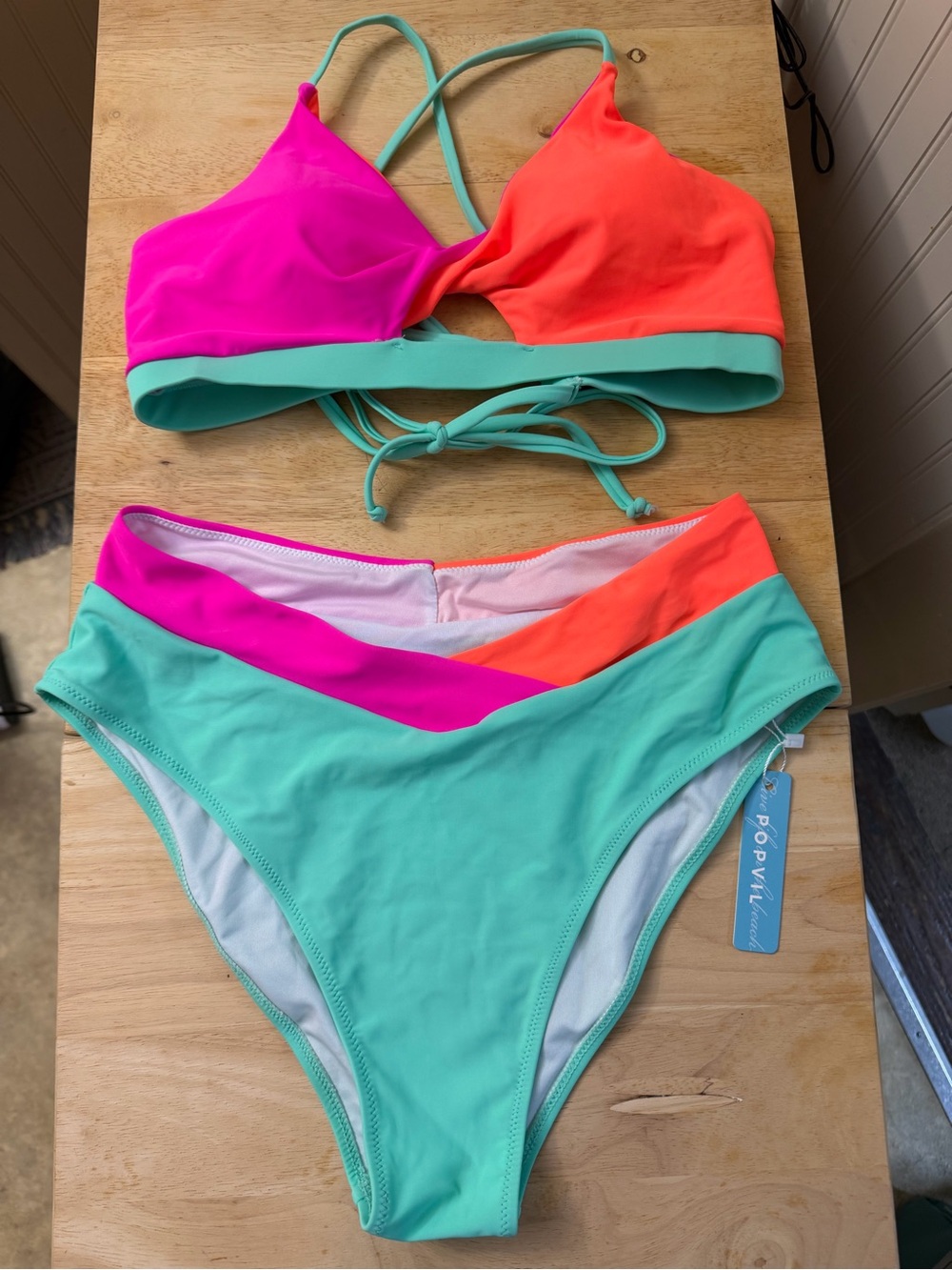 Popvil. Color Block Front Cutout Back Lace-up Bikini Set